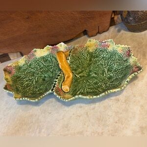 Vintage Bordallo Pinheiro Leaf-Shaped Green and Yellow Ceramic serving Dish